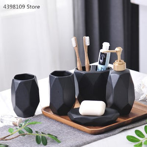 Nordic bathroom matte black simple ceramic bathroom five-piece toothbrush holder + lotion bottle + soap box bathroom wash set